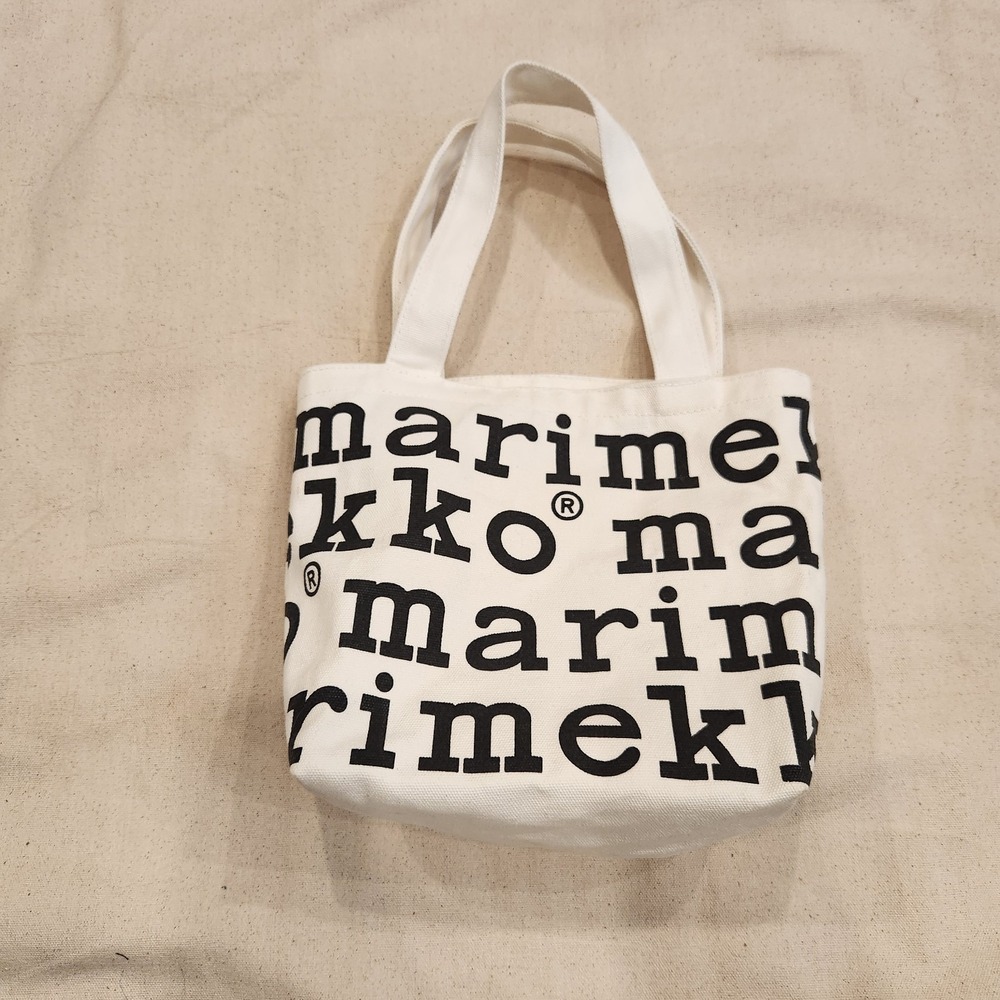 New Marimekko Canvas Tote Bag White Black Logo Lettering Print Small Mini